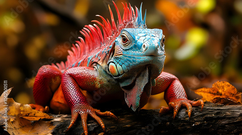 A colorful iguana perched o...