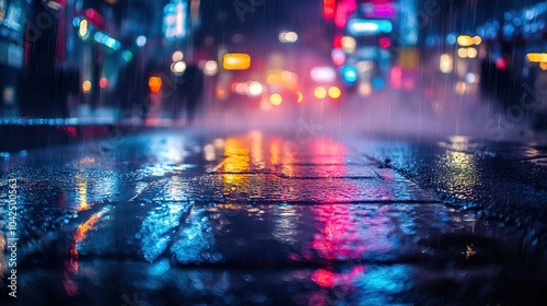 City Night Scene with Reflections on Wet Pavement