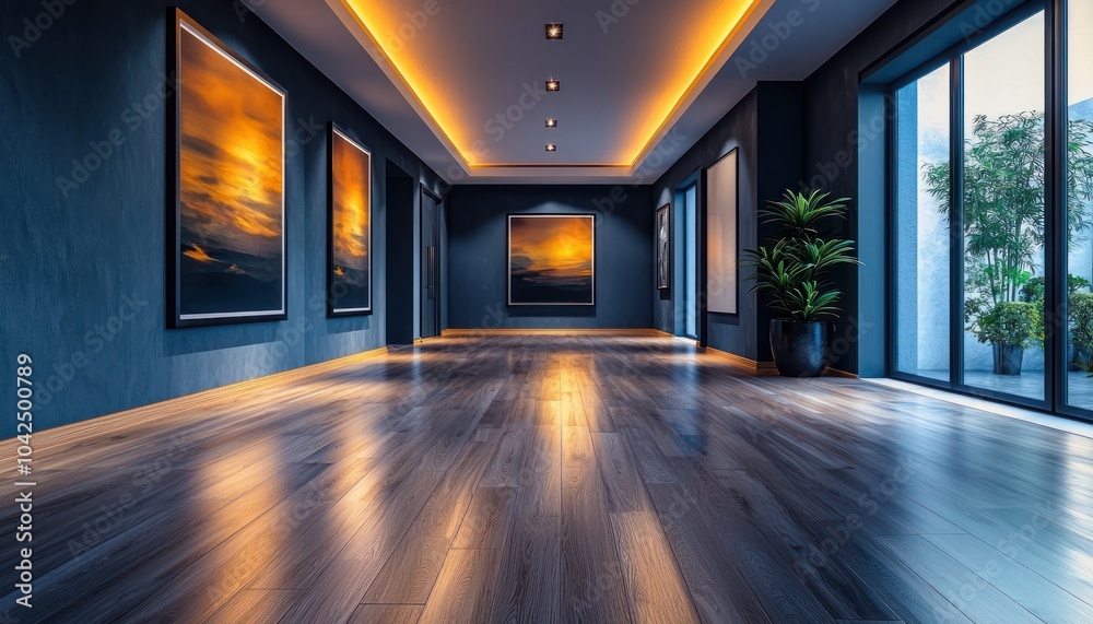 Fototapeta premium Modern Minimalist Interior with Wooden Floor and Sunset Artwork
