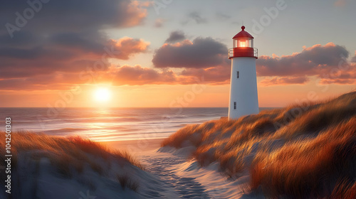 A serene lighthouse at suns...