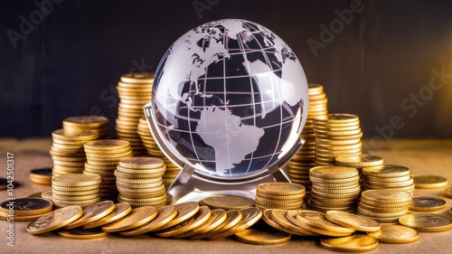 A globe sits on top of a pile of gold coins