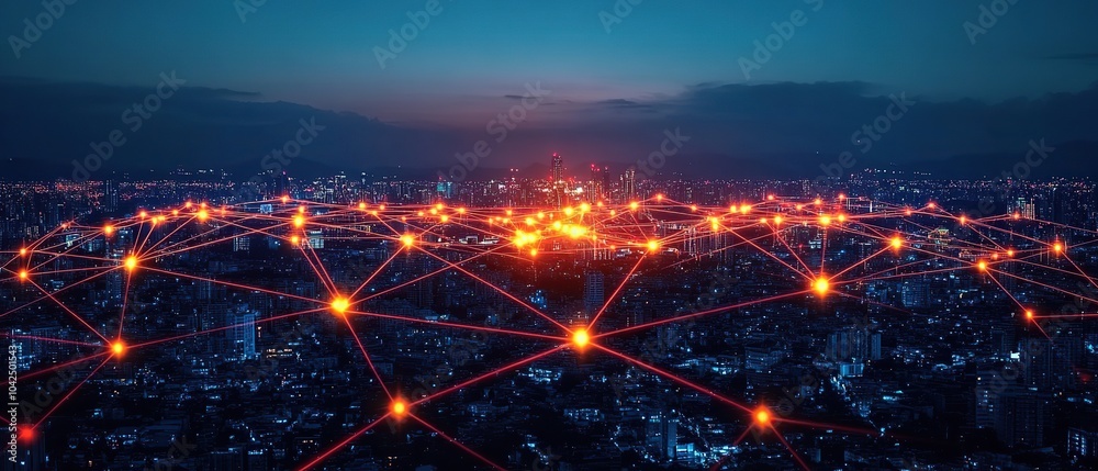 Aerial view of a cityscape with red lines connecting buildings, symbolizing a network. Aerial view of a cityscape with red lines connecting buildings, symbolizing a network.