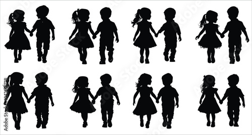 Vector silhouettes of a boy and girl walking. Silhouettes of boy and girl walking. Silhouettes of girl and boy walking and holding hands. Vector illustrations of a boy and girl walking silhouettes