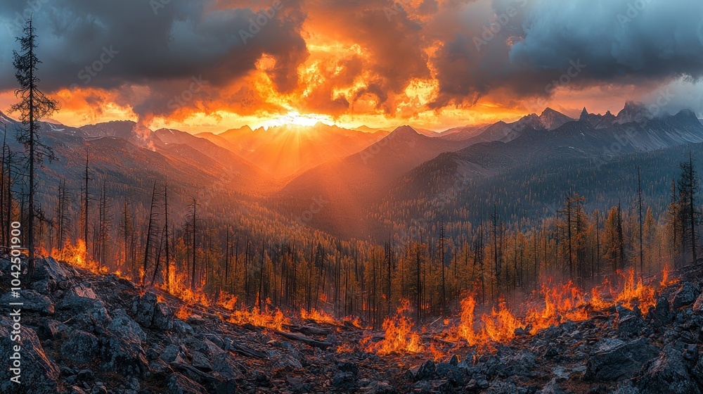 Fototapeta premium Fire engulfing the forest at sunset with dramatic clouds and mountains in the background.