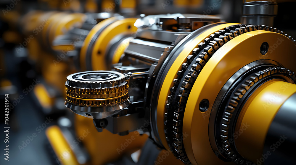Close-up of a complex mechanical component with yellow accents. Close-up of a complex mechanical component with yellow accents.