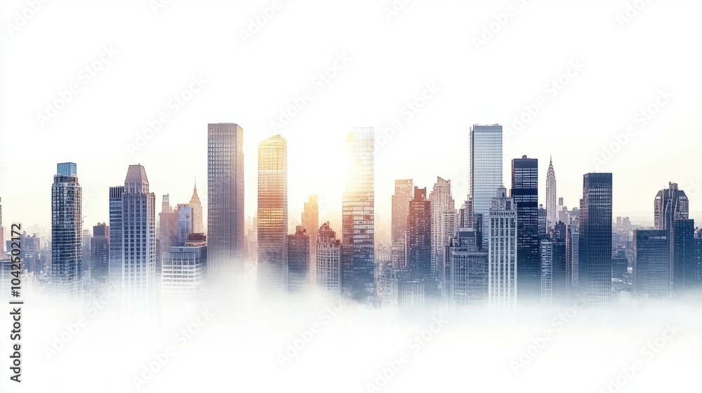 Naklejka premium Wide-angle panorama of urban business district with towering buildings, isolated on white background