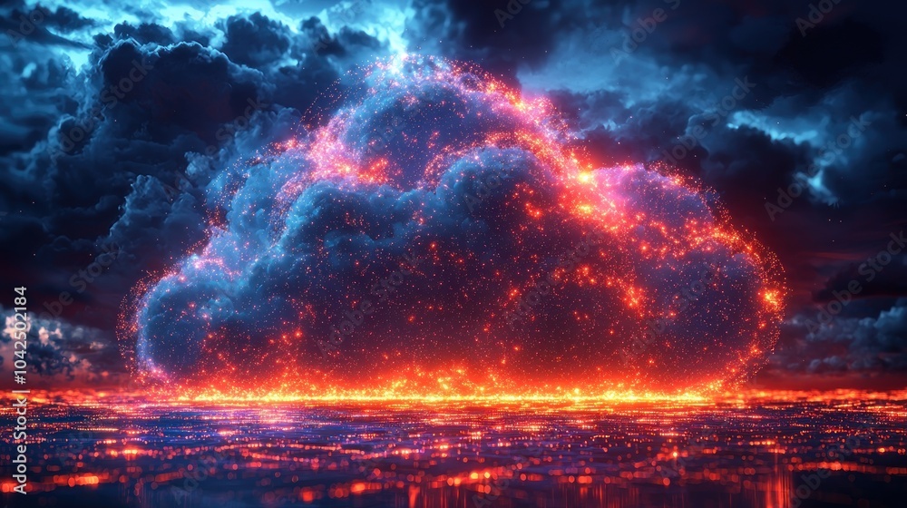 A glowing cloud of light above a city skyline at night A glowing cloud of light above a city skyline at night