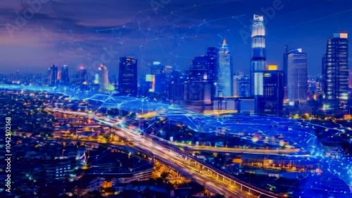 Wallpaper Mural Banner smart city dot point connect with gradient line, connection technology metaverse concept. Bangkok city background at night with big data in Thailand, Panorama view Torontodigital.ca