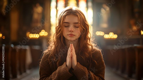 A young girl praying in a s...