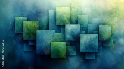 This artwork showcases an arrangement of overlapping squares in various green and blue tones, creating a sense of depth and tranquility. The smooth textures enhance its abstract nature.