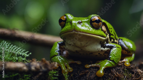 4k close up macro green frog in the forest