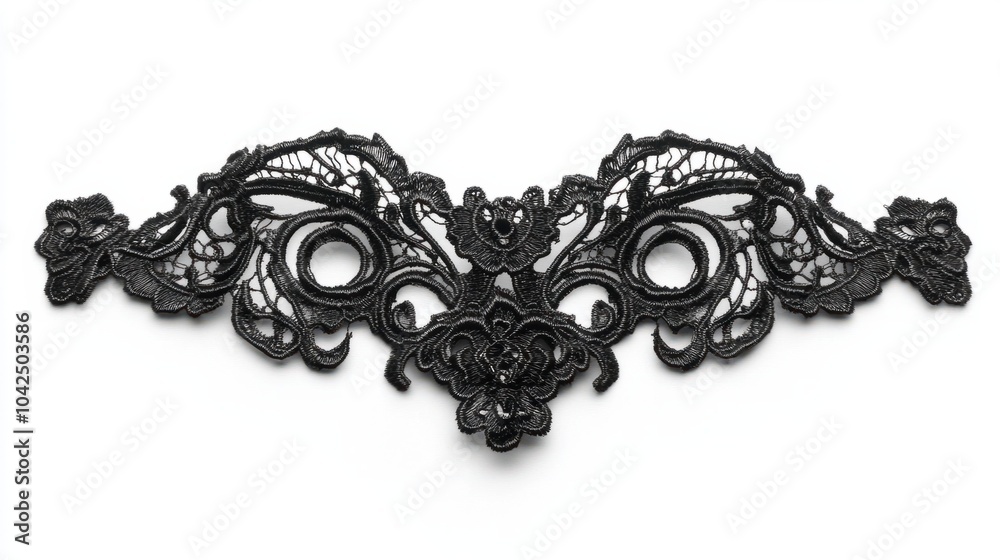 Obraz premium Elegant black lace mask with intricate patterns, perfect for a night party, isolated on white background