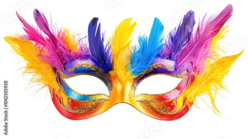 Feathered carnival mask in bold colors, perfect for a lively night party, isolated on white background