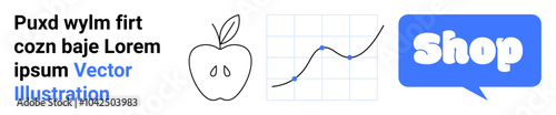 Vector featuring a stylized apple, a line graph, and a speech bubble with the word Shop. Ideal for e-commerce, healthy living, data analysis, online shopping, and vector graphics. Banner for landing