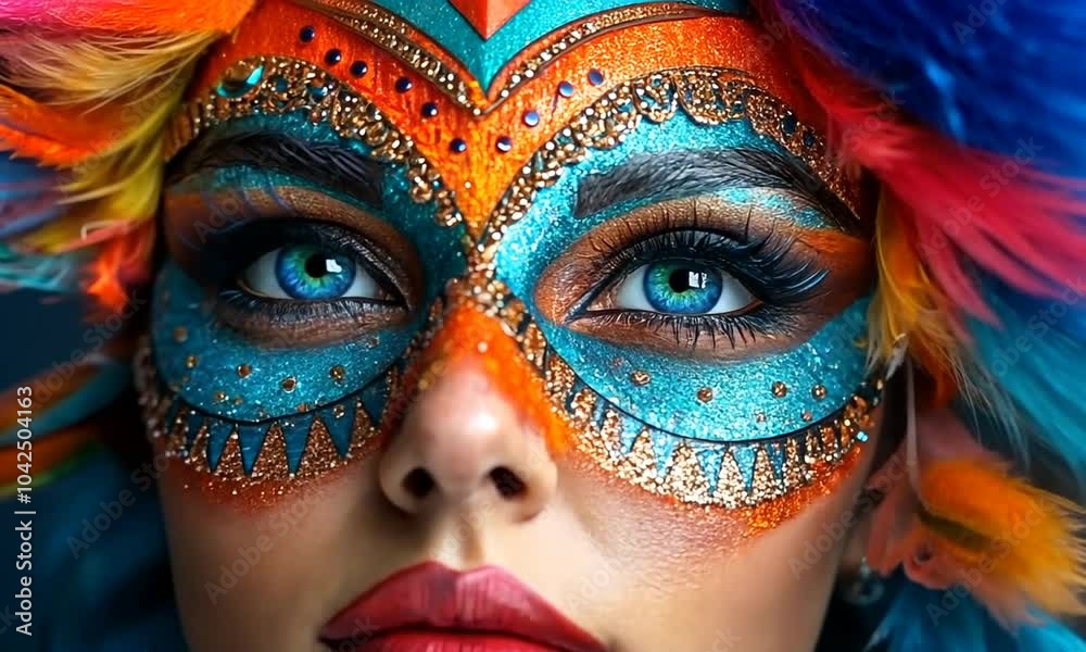 Close-up of a woman's face with colorful makeup and feathers. Close-up of a woman's face with colorful makeup and feathers.
