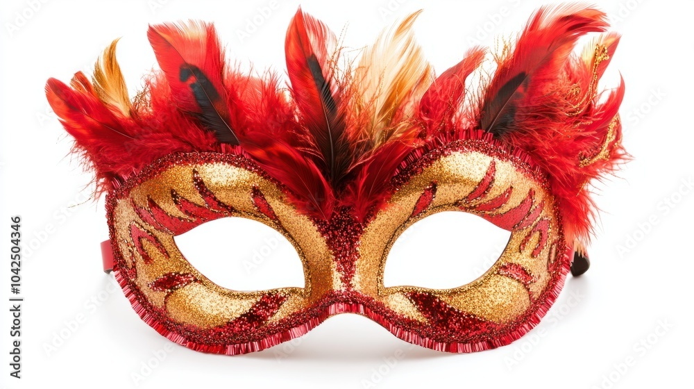 Feathered carnival mask in red and gold with bold accents, perfect for a festive night party, isolated on white background Feathered carnival mask in red and gold with bold accents, perfect for a festive night party, isolated on white background