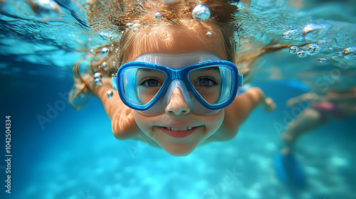A joyful child swimming und...