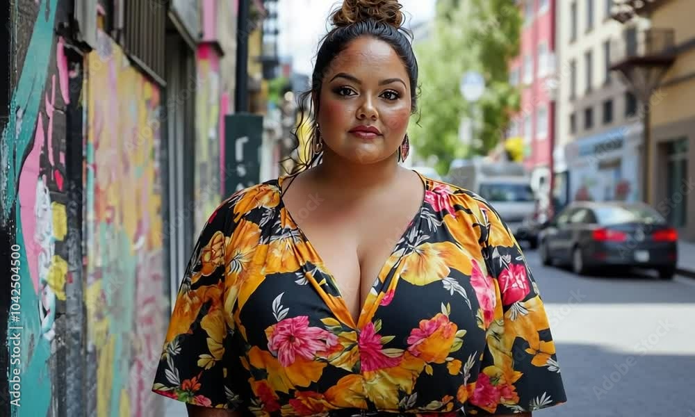 Confident woman in floral dress, looking into the camera, in an urban setting. Confident woman in floral dress, looking into the camera, in an urban setting.