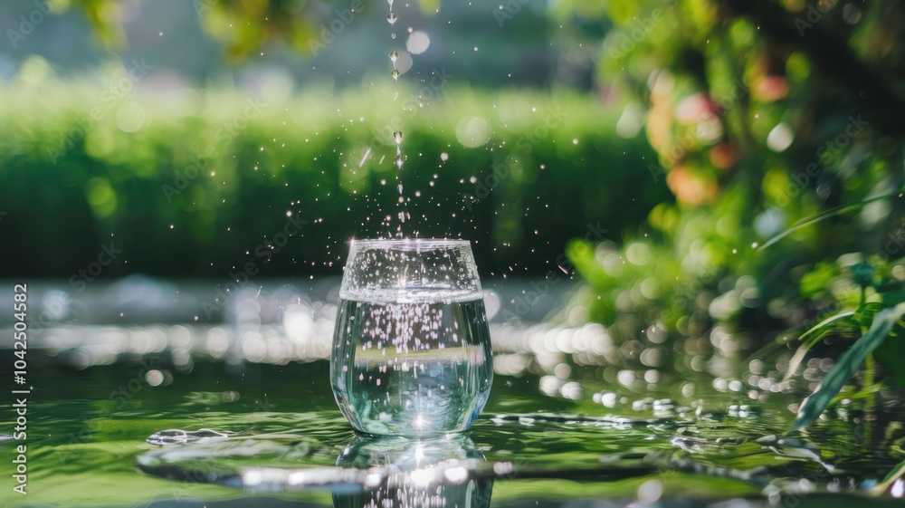 A glass of water is poured into a body of water, creating a splash A glass of water is poured into a body of water, creating a splash