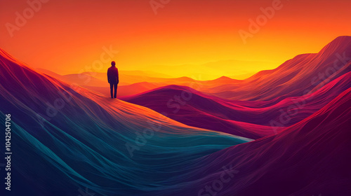 A person stands on colorful...