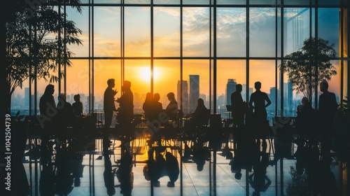 Silhouette of Asian white-collar workers happily exchanging work-related ideas inside a high-end office building.