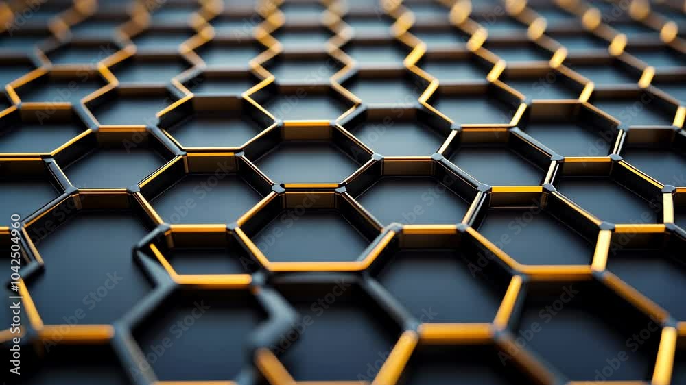 A close-up shot of a honeycomb pattern with black hexagons and gold edges, showcasing a mesmerizing geometric pattern