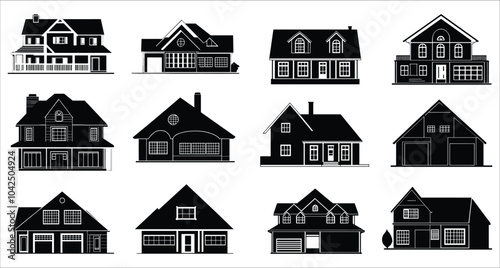 Real estate house icons vector set. Black silhouettes of real estate house vector. Modern homes and properties silhouettes. Set of real estate house silhouettes vector design