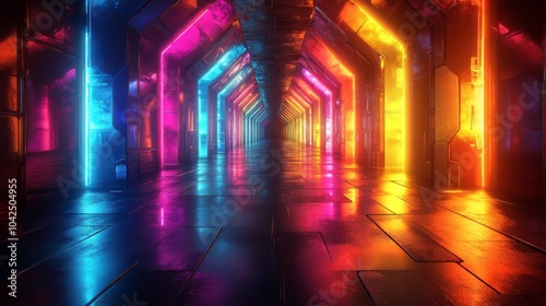 A corridor illuminated with bright neon lights in a variety of colors creates a striking, futuristic ambiance.