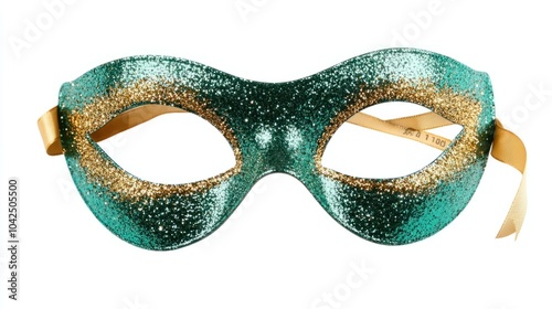 Glittery green mask with gold accents and a ribbon tie, festive and fun for a night party, isolated on white background