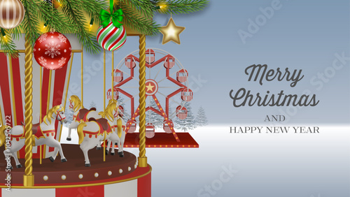 christmas greeting card with amusement park on winter landscape. christmas banner with 3d carousel and ferris wheel. christmas background withpine branches and funfair