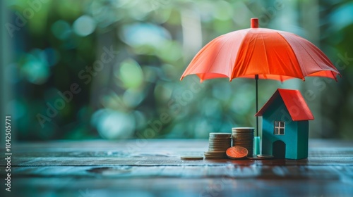 Wallpaper Mural Model of umbrella with house and coins on wooden table concept of the system of insurance savings and the cost of health insurance  Torontodigital.ca