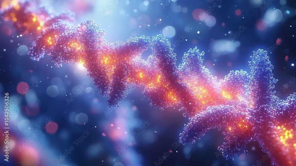 Obraz premium Abstract close-up of DNA strand with glowing particles.