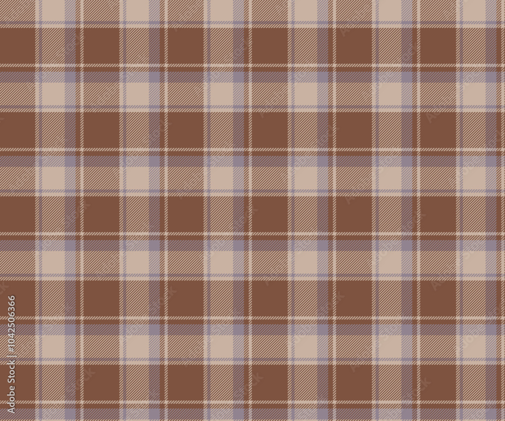 Plaid fabric pattern, brown, cream, purple, seamless for textiles, and for designing clothes, skirts or decorative fabrics. Vector illustration.