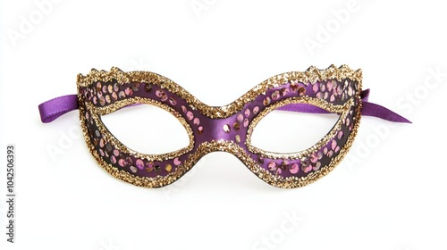 Gold and purple mask with sequins and a ribbon tie, elegant for a night event, isolated on white background