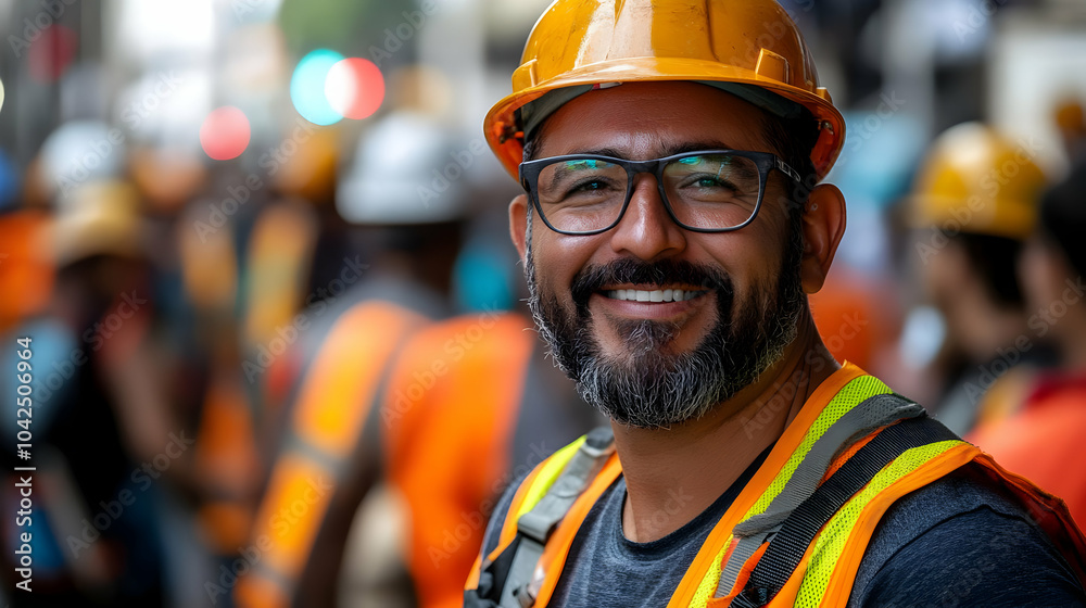 Smiling construction worker in safety gear amidst a busy site. Smiling construction worker in safety gear amidst a busy site.