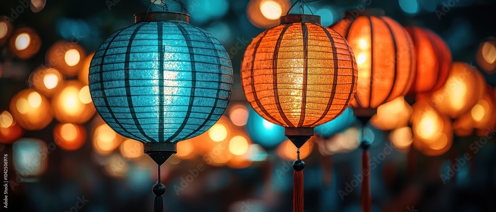Obraz premium Two Illuminated Lanterns Hanging Against a Blurred Background of Lights