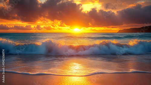 A serene sunset over ocean waves, reflecting warm colors on the shore.