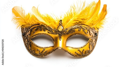 Gold Venetian mask with feathers, sparkling and ornate, for a masquerade ball, isolated on white background