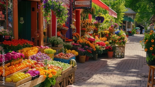 Vibrant Fruits and Flowers in a European Market