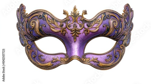 Purple and gold mask with intricate designs, ideal for a mysterious masquerade, isolated on white background