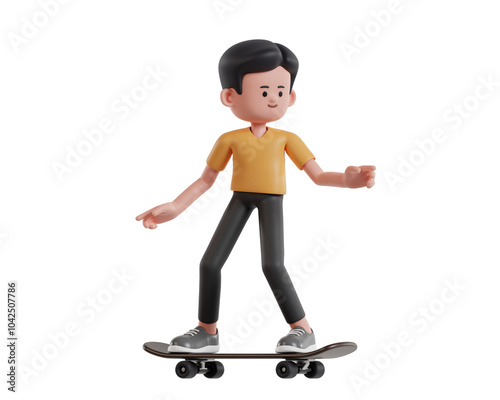 3D Character Rendering of Young Boy in Yellow Shirt Playing Skateboard