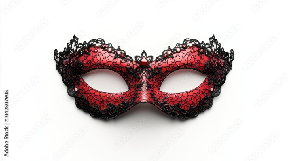 Red mask with black lace overlay and gemstone details, perfect for an elegant night party, isolated on white background