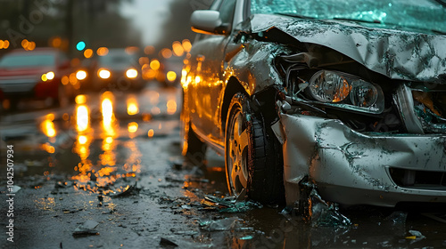 A damaged car on a rainy st...