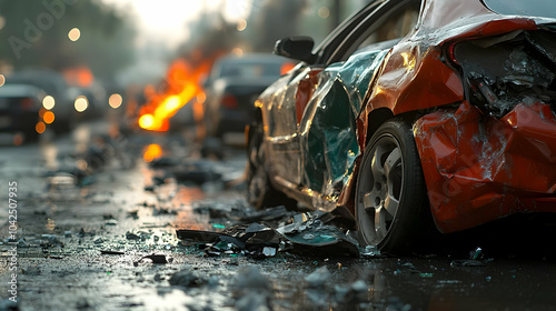 A damaged car amidst debris...