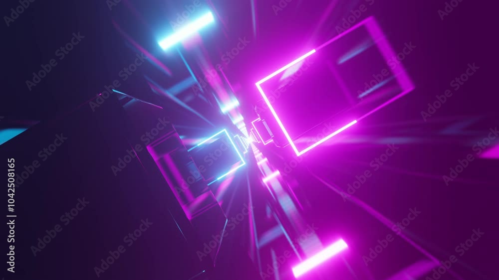 Abstract Background with Blue and Violet Neon Lines and Geometric Objects in Futuristic Conceptual Cosmic Tomorrow Aesthetic Style, Technological 4K Animation, Looping Stock Video, 3D Rendering