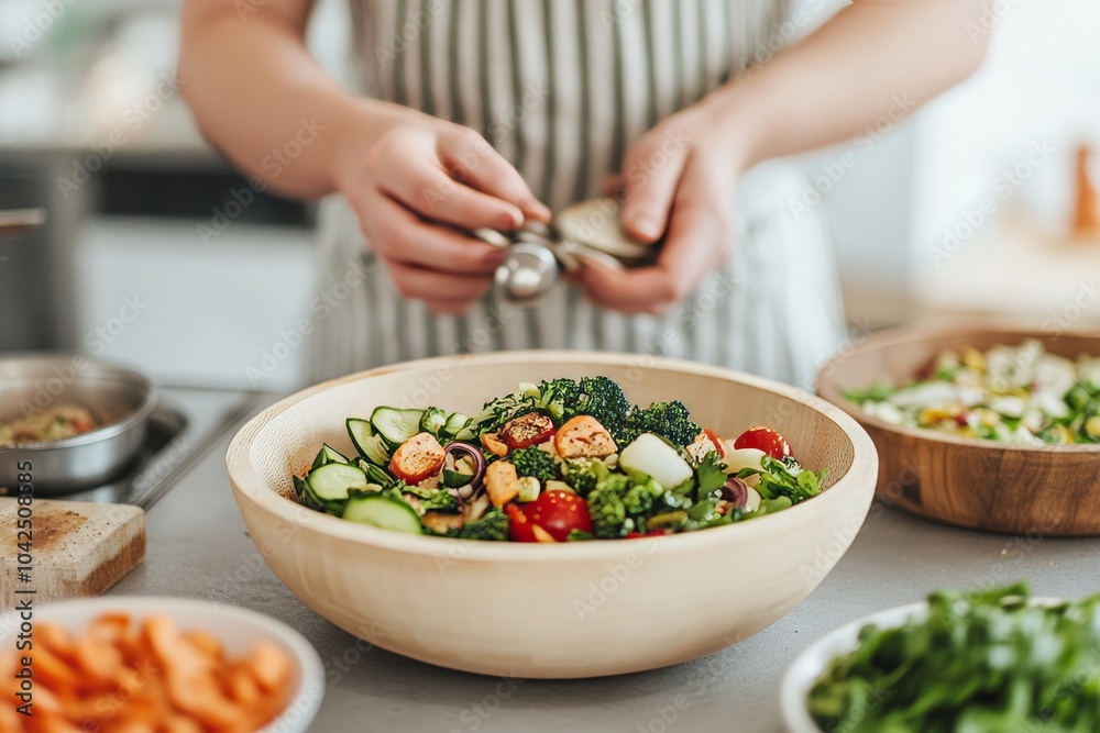 A person preparing a fresh vegetable salad in a kitchen setting. A person preparing a fresh vegetable salad in a kitchen setting.