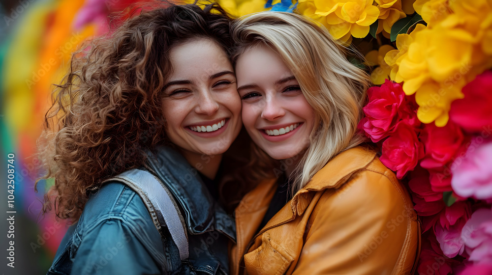 Two smiling women pose together in front of colorful flowers. Two smiling women pose together in front of colorful flowers.