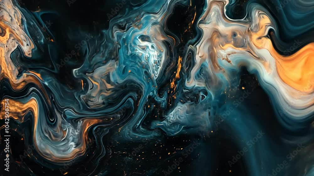Swirling blue, white, and gold paint create an abstract design Swirling blue, white, and gold paint create an abstract design