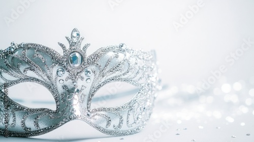 Silver lace mask with rhinestone embellishments, sparkling under the party lights, isolated on white background photo