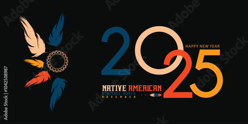 Native American heritage month 2025. Vector web banner, poster, card for social media, networks. Greeting with national Hispanic heritage month text, ornament on blue background. Logo 2025.